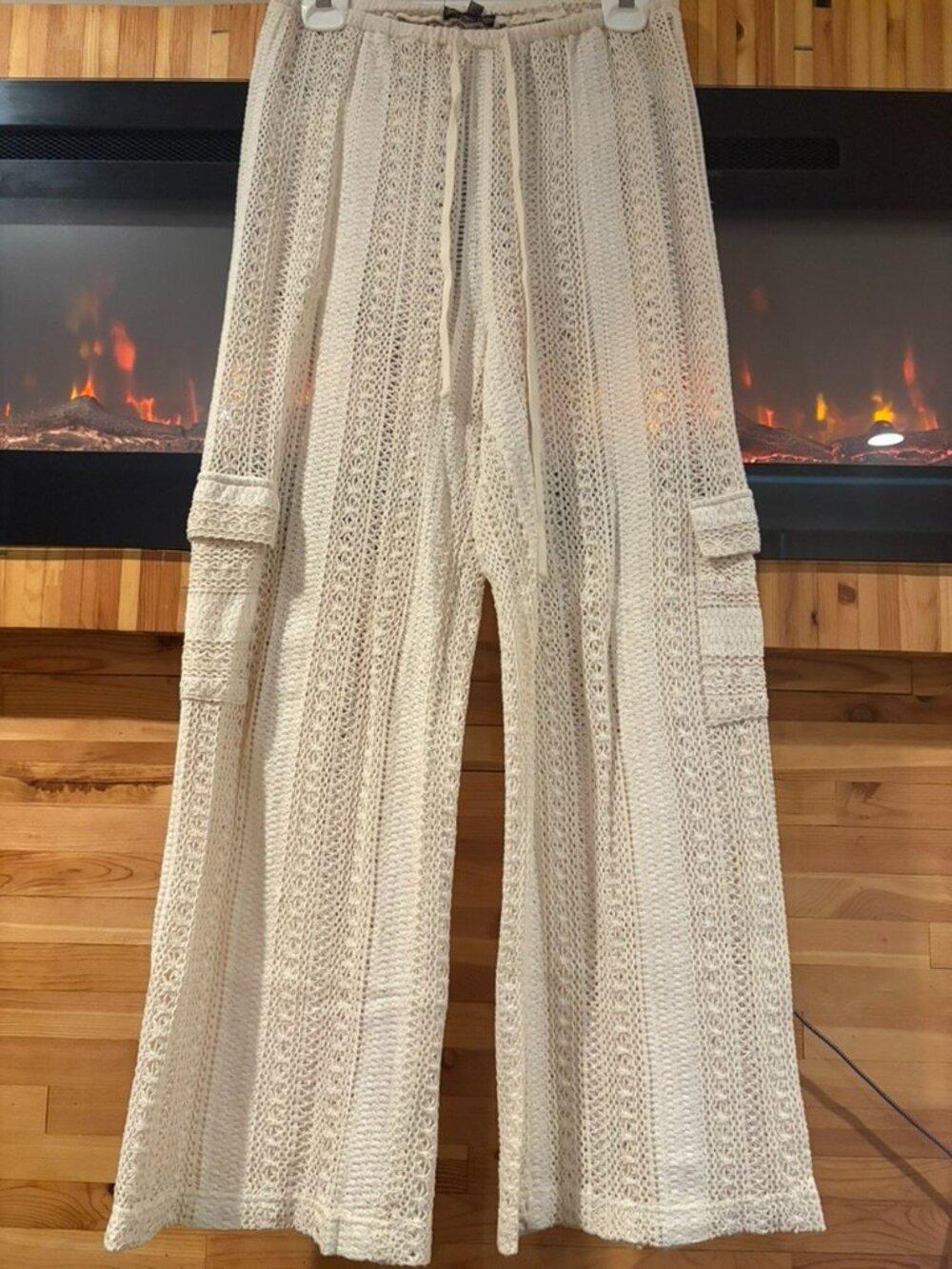 4SI3NNA Crochet Open Knit Cargo Wide Leg Pants Ivory Size M Boho